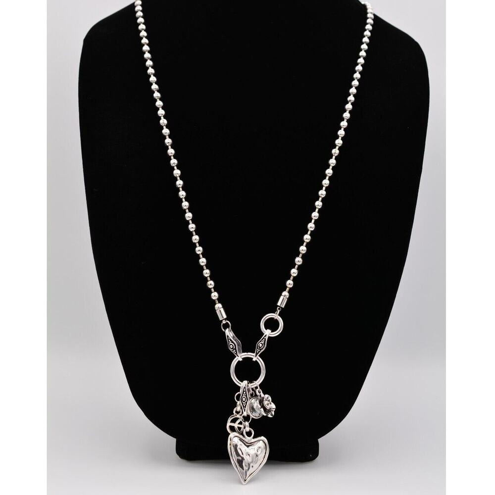 Chunky Charm Pendant Necklace Shiny Silver Tone Ball Heart Hammered Chain Bin2